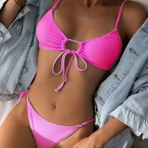 Bright Pink Bikini with Triangle Top and Adjustable Ties